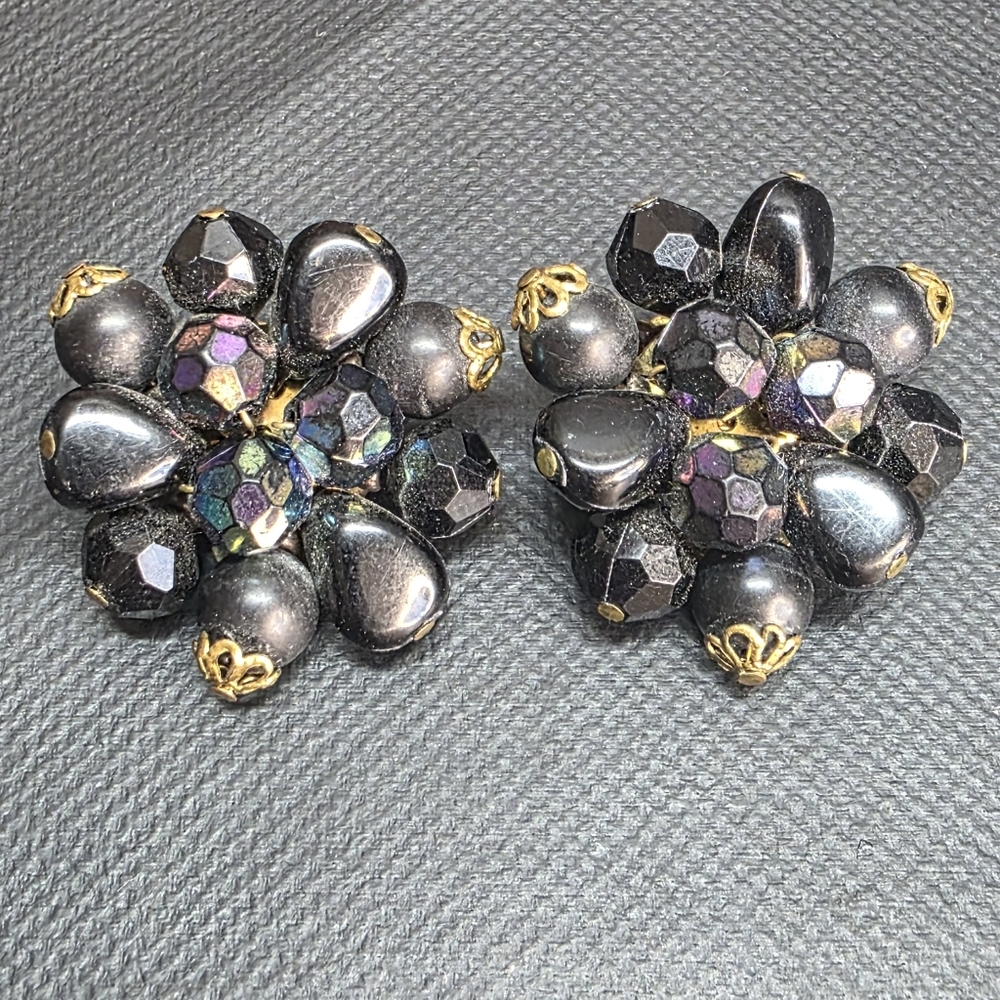 Vintage West Germany Black Glass Cluster Clip Earrings